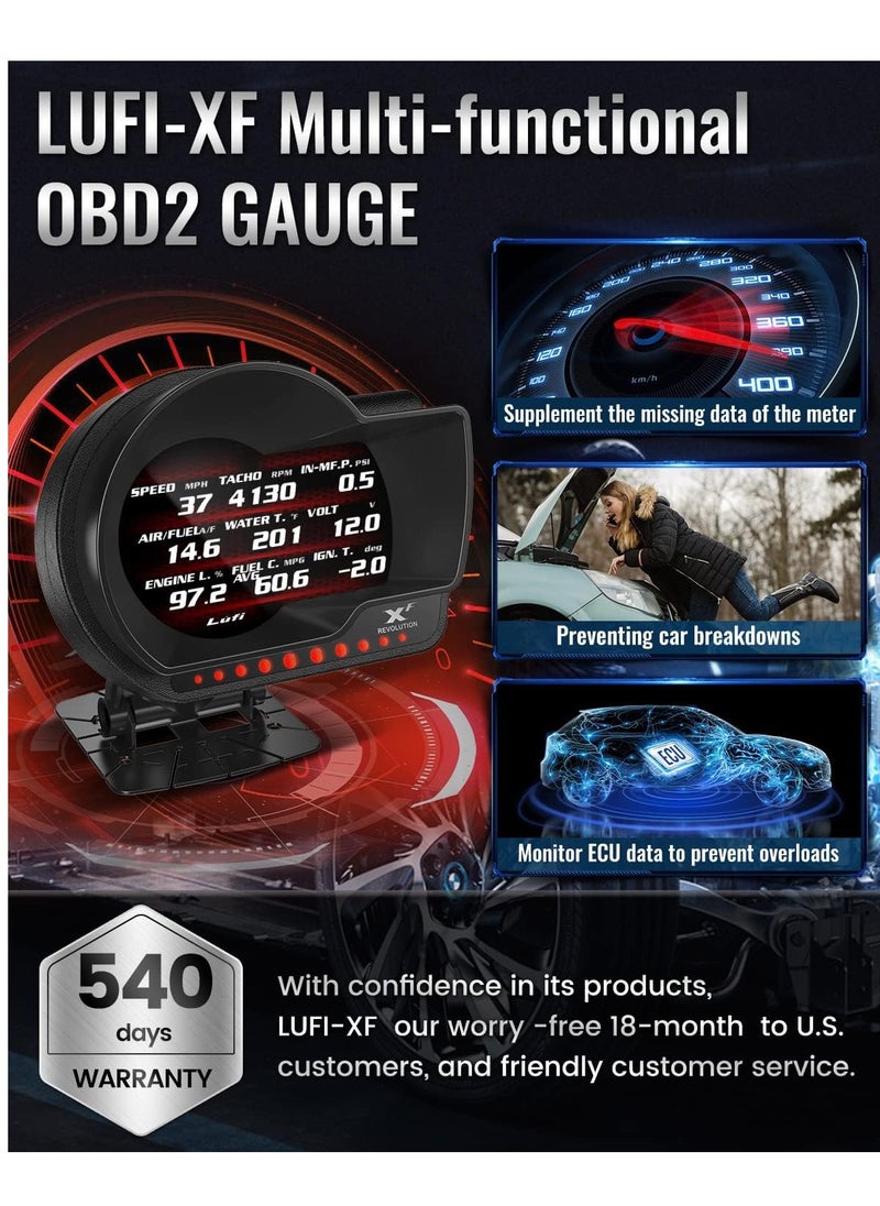 Lufi-Xf Multifunctional Obd2 Gauge, Heads Up Display Scanning Tool Combination Meter