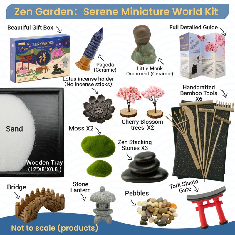 YEEMUOS Zen Garden Kit for Desk, 12x8 Inch Sand Tray with 16 Accessories and 6 Tools, Japanese Meditation Mini Garden Set,Mini Meditation Decor for Adults, Stress Relief, Home & Office Decor, Unique Gift Set. - Image 2