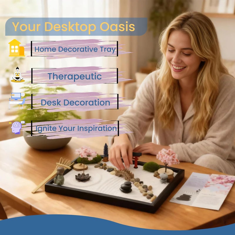 YEEMUOS Zen Garden Kit for Desk, 12x8 Inch Sand Tray with 16 Accessories and 6 Tools, Japanese Meditation Mini Garden Set,Mini Meditation Decor for Adults, Stress Relief, Home & Office Decor, Unique Gift Set. - Image 3