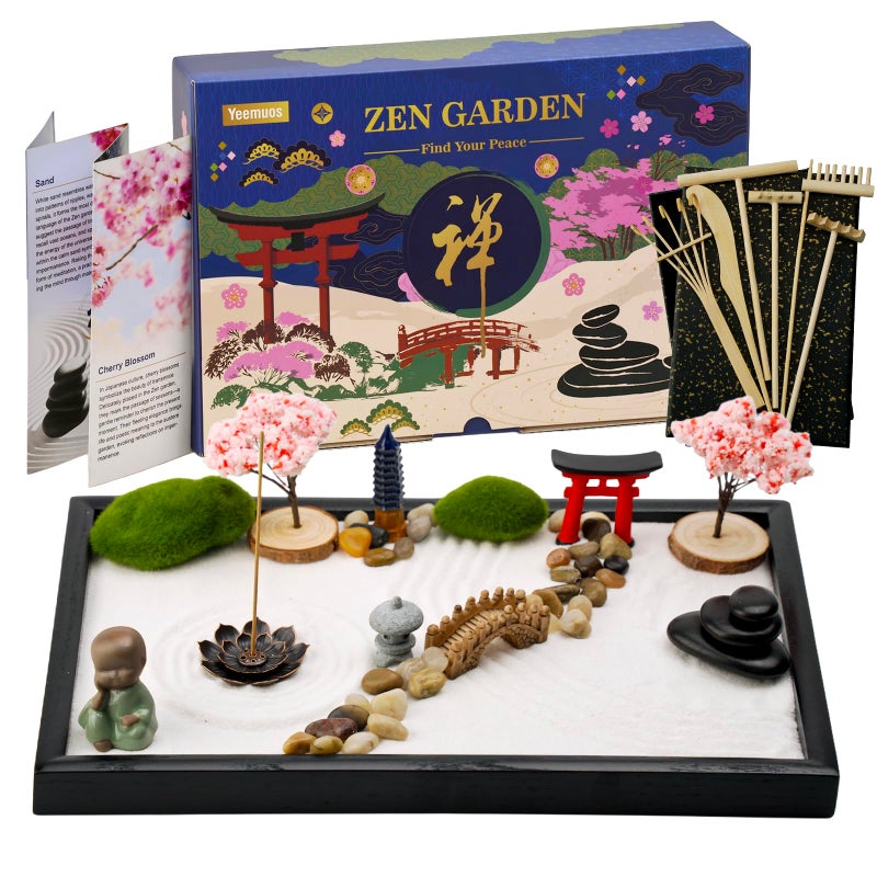 YEEMUOS Zen Garden Kit for Desk, 12x8 Inch Sand Tray with 16 Accessories and 6 Tools, Japanese Meditation Mini Garden Set,Mini Meditation Decor for Adults, Stress Relief, Home & Office Decor, Unique Gift Set. - Image 1
