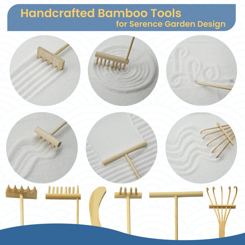YEEMUOS Zen Garden Kit for Desk, 12x8 Inch Sand Tray with 16 Accessories and 6 Tools, Japanese Meditation Mini Garden Set,Mini Meditation Decor for Adults, Stress Relief, Home & Office Decor, Unique Gift Set. - Image 5