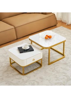 DubaiGallery Nesting Coffee Table Set of 2, Modern Side Table, Round Tempered Glass Marble Texture Stackable Coffee Tables, Living Room Sofa Table, Metal Frame, for Living Room Balcony Office  - Image 3