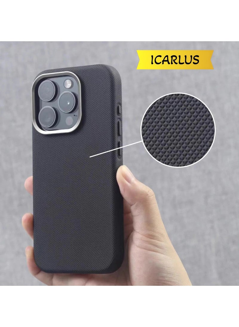 ICARLUS - Luxury Metal Lens Frame Case for iPhone 15 Pro Max Magsafe Wireless Charger Magnetic Shockproof Cover Black - Image 1