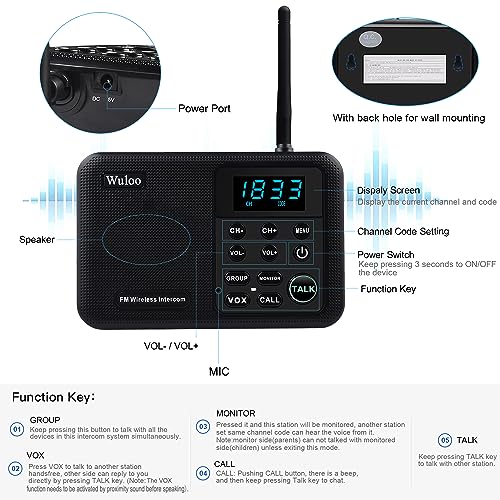 Wuloo Intercoms Wireless for Home 1 Mile Range 22 Channel 100 Digital Code Display Screen, Wireless Intercom System for Home House Business Office, Room to Room Intercom Communication(2Stations,Black) - Image 5