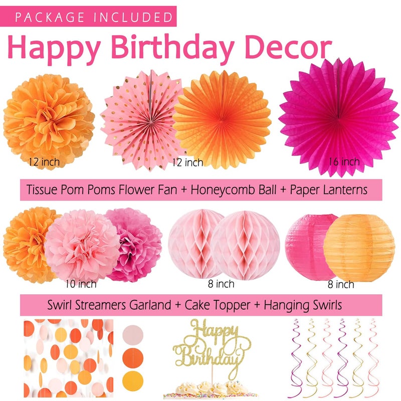 Vztipki Hot-Pink Orange Birthday Decoration For Women Girl  Fall Peach Burnt-Orange Gold Balloon D?Cor-Happy Banner  Streamers Lanterns Honeycomb  Tissue Flowers Pom Poms Fan  Boho Sunset Autumn Party D?Cor - Image 3