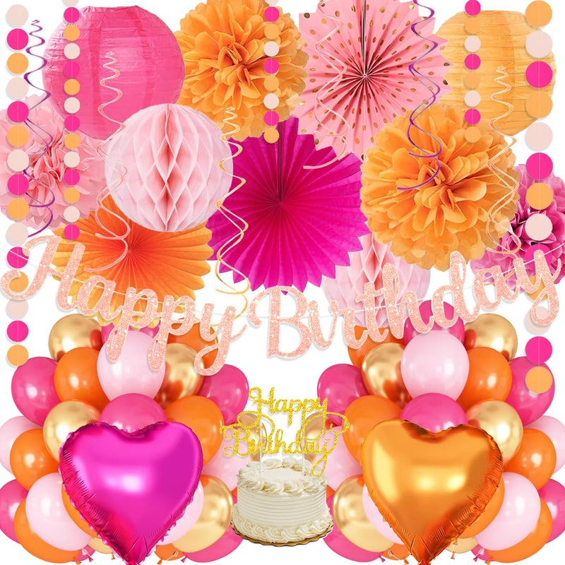 Vztipki Hot-Pink Orange Birthday Decoration For Women Girl  Fall Peach Burnt-Orange Gold Balloon D?Cor-Happy Banner  Streamers Lanterns Honeycomb  Tissue Flowers Pom Poms Fan  Boho Sunset Autumn Party D?Cor - Image 1