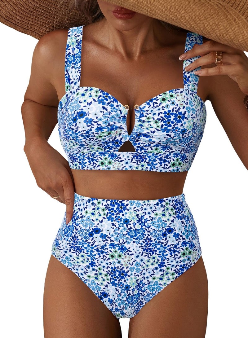 Herseas Womens Bikini Sets U Wire Linked Cutout Floral Print V Neck Swim Suits High Waisted Flattering Removable Padded Lightweight Bathing Suit Romantic Beach Vacation Essentials Blue Floral Small - Image 1