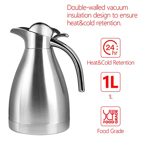 Teqooza 34 oz Food-grade Stainless Steel Thermal Carafe, Double Walled Vacuum Insulated Storage Pot with Press Button Top, 12+ Hrs Heat&Cold Retention for Coffee,Tea,Beverage, Silver (1.0L) - Image 4