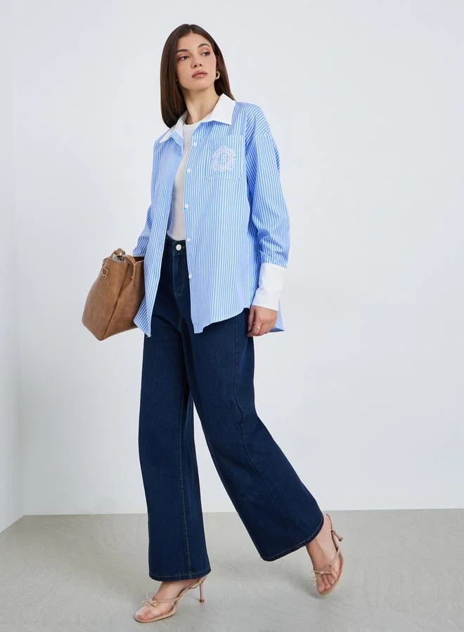 Styli Women Blue Striped Oversized Shirt