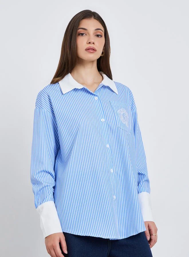 Styli Women Blue Striped Oversized Shirt