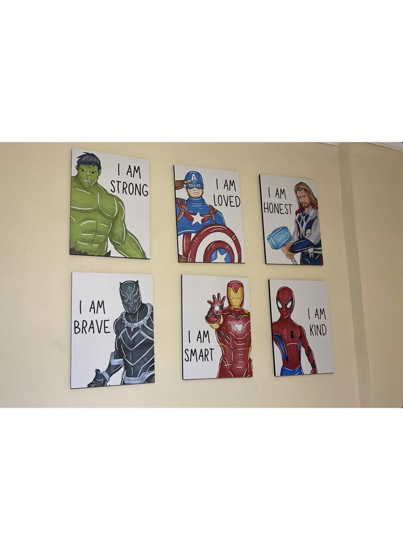 Tableau of six super heroes for kids room  - nursery room,marvel set - hulk , spider man ,the iron man, thor ,captain america ,black panther - Image 2