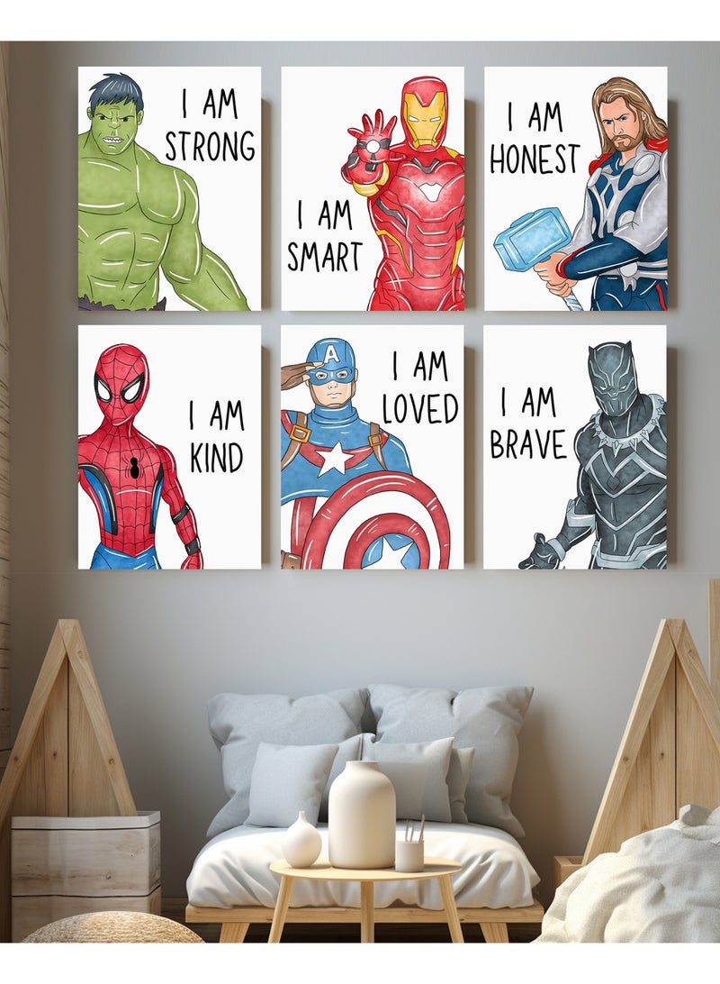 Tableau of six super heroes for kids room  - nursery room,marvel set - hulk , spider man ,the iron man, thor ,captain america ,black panther - Image 1