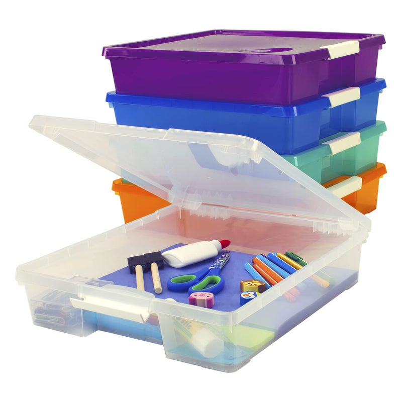Storex Classroom Craft Project Box Stacking Plastic Organizer Fits 12x12 Scrapbooking Paper Assorted STEAM Colors 5Pack 63202C05C