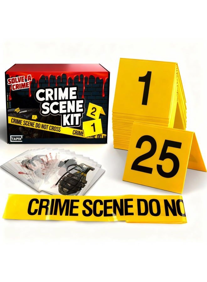 TAPIX Evidence Markers Crime Scene Kit - Includes 25 Evidence Markers Tents, 25 Crime Object Cards, 100ft Crime Scene Do Not Cross Barricade Tape - Image 1
