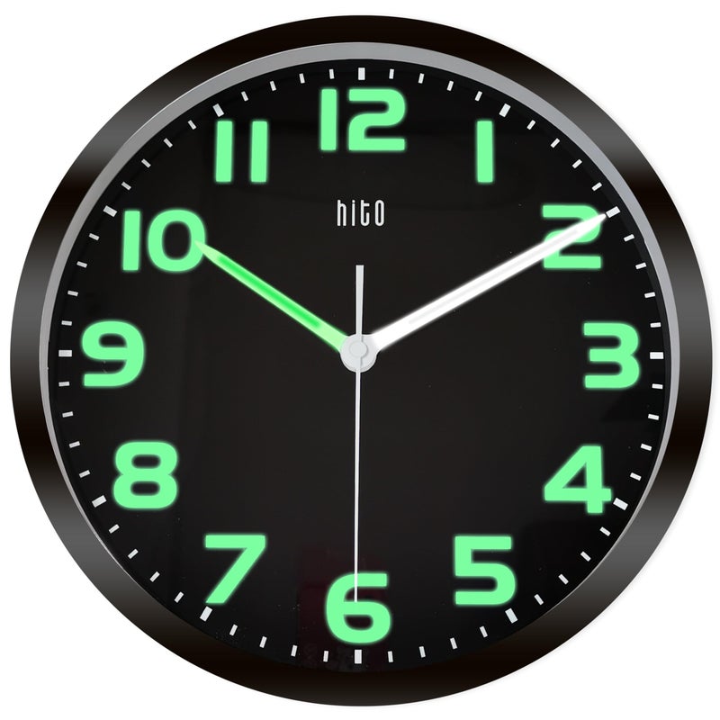 HITO 10 Inch Night Light Wall Clock Battery Operated Brightness Adjustable Black Metal Frame Glass CoverHands  Numbers Illuminate