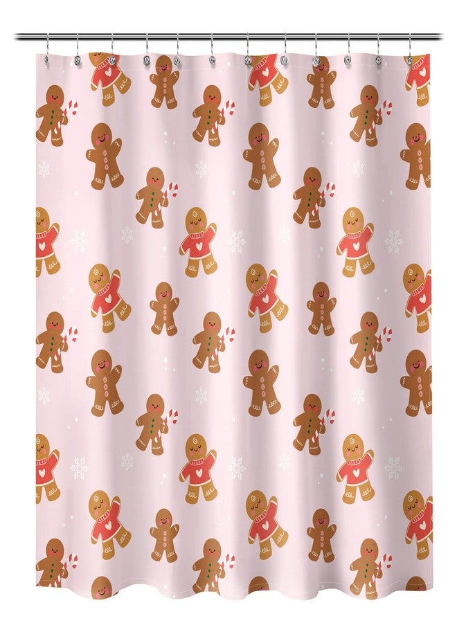 Sunlit Christmas Shower Curtain, Pink Holiday Gingerbread Men with Candy Canes and Snowflakes Cute Xmas Cookie Pattern, Festive Bathroom Fabric Shower Curtain, Home Decor Tapestry, 72" x 72" - Image 1