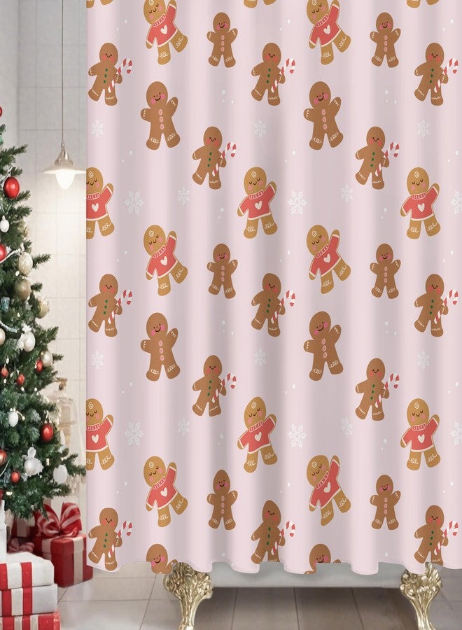 Sunlit Christmas Shower Curtain, Pink Holiday Gingerbread Men with Candy Canes and Snowflakes Cute Xmas Cookie Pattern, Festive Bathroom Fabric Shower Curtain, Home Decor Tapestry, 72" x 72" - Image 2
