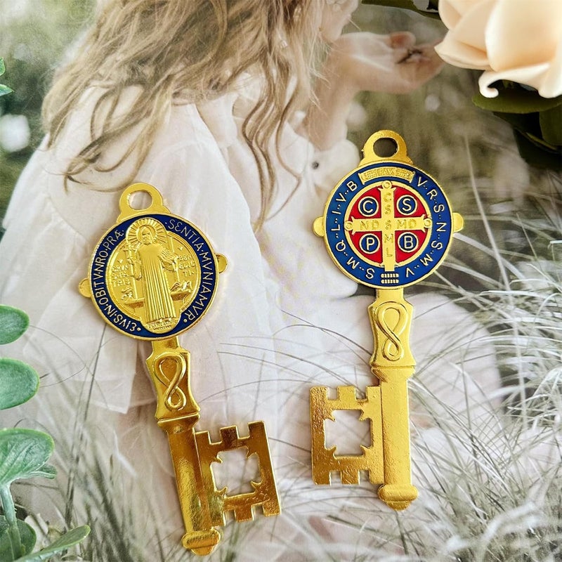 Bovemee 2Pcs/Set Enamel Double Side Saint Benedict 4.9inchX2.9inch Key Blessing For Protection - Medalla de san benito Home and Door hanger - Wall Hanger Catholic Easter Day Gifts - Llave de San Benito Gift (Golden&Blue) - Image 5