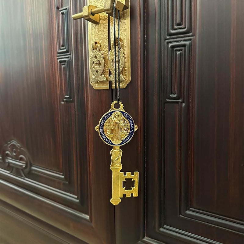 Bovemee 2Pcs/Set Enamel Double Side Saint Benedict 4.9inchX2.9inch Key Blessing For Protection - Medalla de san benito Home and Door hanger - Wall Hanger Catholic Easter Day Gifts - Llave de San Benito Gift (Golden&Blue) - Image 2