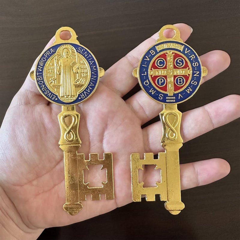 Bovemee 2Pcs/Set Enamel Double Side Saint Benedict 4.9inchX2.9inch Key Blessing For Protection - Medalla de san benito Home and Door hanger - Wall Hanger Catholic Easter Day Gifts - Llave de San Benito Gift (Golden&Blue) - Image 1