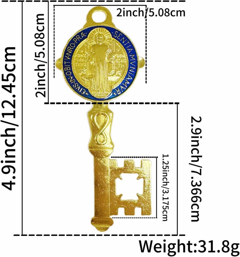Bovemee 2Pcs/Set Enamel Double Side Saint Benedict 4.9inchX2.9inch Key Blessing For Protection - Medalla de san benito Home and Door hanger - Wall Hanger Catholic Easter Day Gifts - Llave de San Benito Gift (Golden&Blue) - Image 4