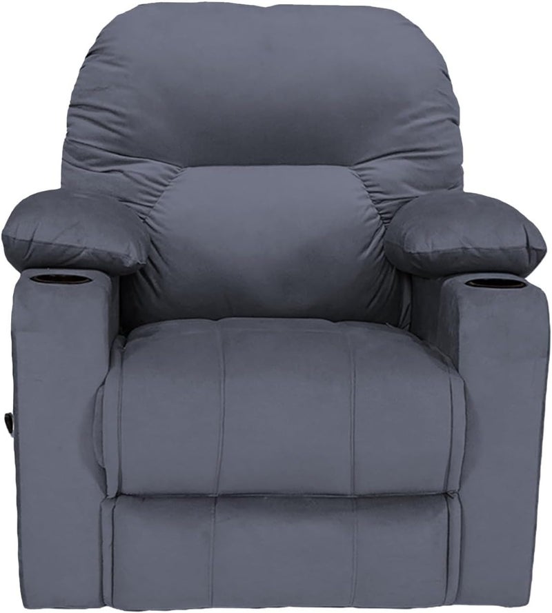 Fluffy Velvet Upholstered Cinema Rocking and Swivel Recliner Chair with Throne Cup Holder, Gray - Image 1