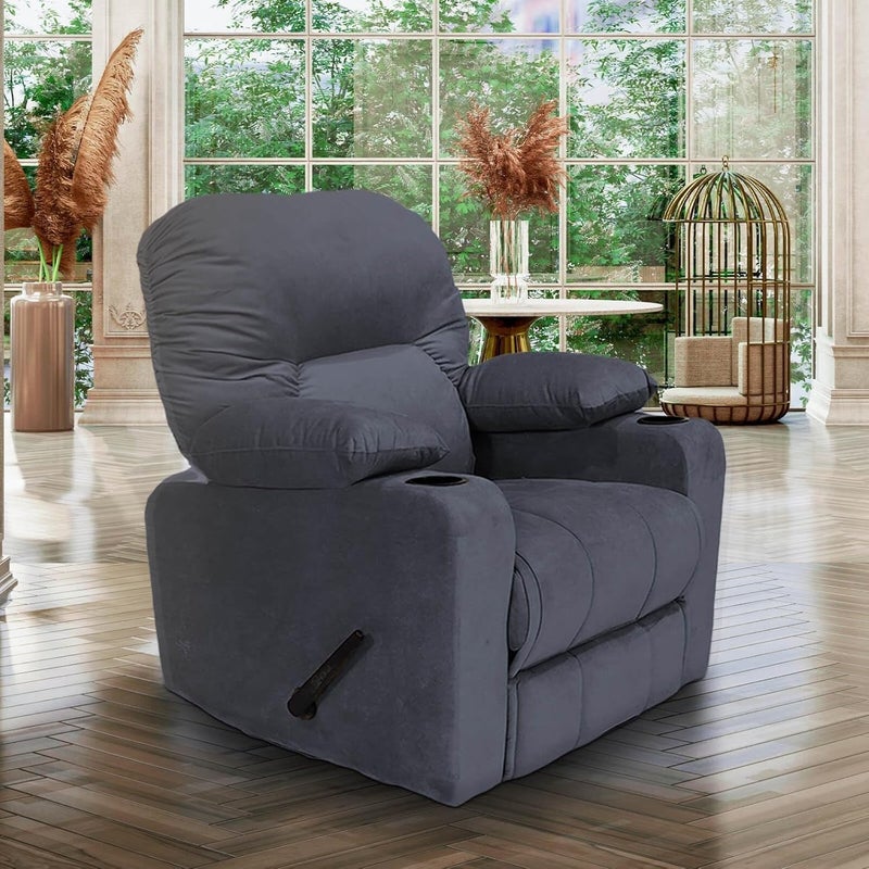 Fluffy Velvet Upholstered Cinema Rocking and Swivel Recliner Chair with Throne Cup Holder, Gray - Image 2