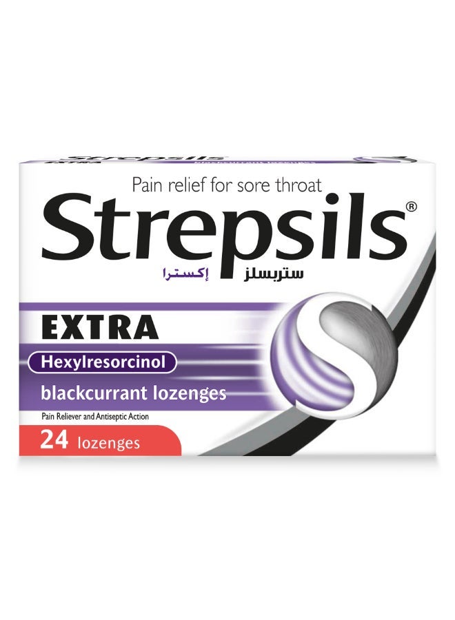 Strepsils أقراص الكشمش الأسود الإضافية عمل مزدوج تخفيف فعال للألم لالتهاب الحلق 24 حبة - Image 1