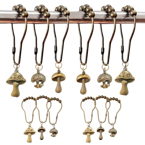 Daxingbu Mushroom Shower Curtain Hooks, 12Pcs Rustproof Metal Cute Retro Mushroom Shower Curtain Hooks Rings for Boho Fairy Forest Country Cottagecore Style Home Bathroom Decor (Set-Bronze) - Image 1