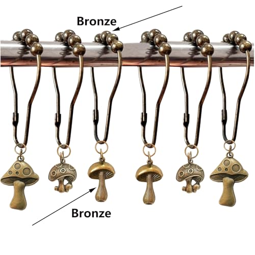 Daxingbu Mushroom Shower Curtain Hooks, 12Pcs Rustproof Metal Cute Retro Mushroom Shower Curtain Hooks Rings for Boho Fairy Forest Country Cottagecore Style Home Bathroom Decor (Set-Bronze) - Image 2