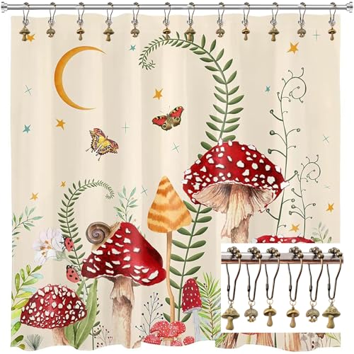 Daxingbu Mushroom Shower Curtain Hooks, 12Pcs Rustproof Metal Cute Retro Mushroom Shower Curtain Hooks Rings for Boho Fairy Forest Country Cottagecore Style Home Bathroom Decor (Set-Bronze) - Image 4