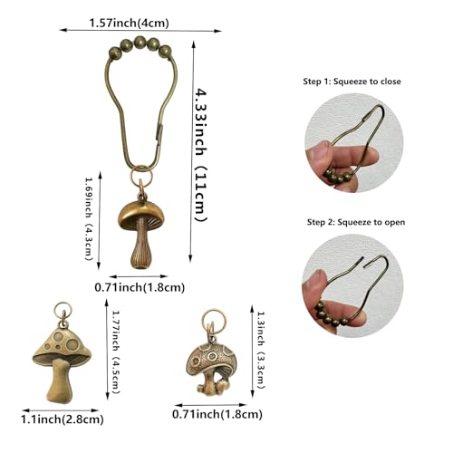 Daxingbu Mushroom Shower Curtain Hooks, 12Pcs Rustproof Metal Cute Retro Mushroom Shower Curtain Hooks Rings for Boho Fairy Forest Country Cottagecore Style Home Bathroom Decor (Set-Bronze) - Image 3