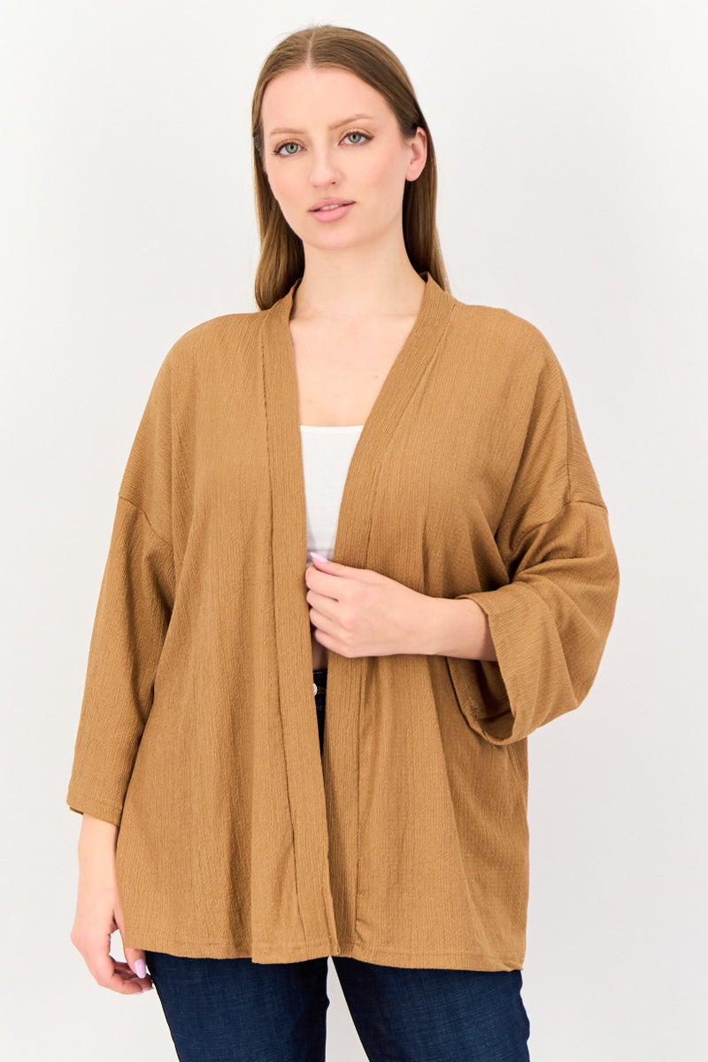 BIG DART Women Split Neck Textured Cardigan, Brown - Image 1