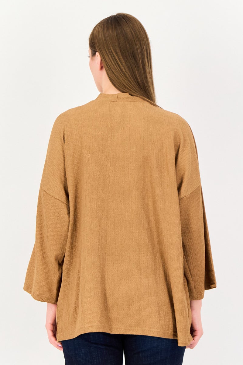 BIG DART Women Split Neck Textured Cardigan, Brown - Image 3