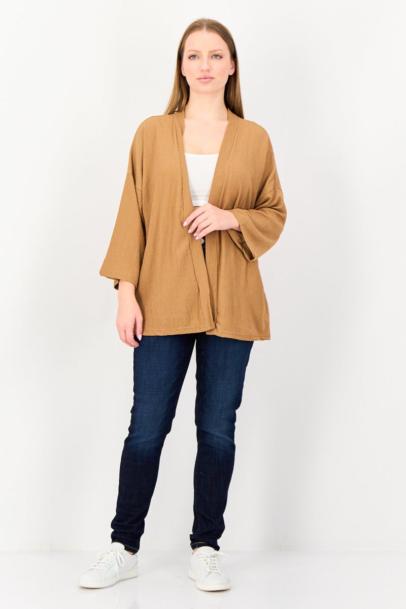 BIG DART Women Split Neck Textured Cardigan, Brown - Image 2