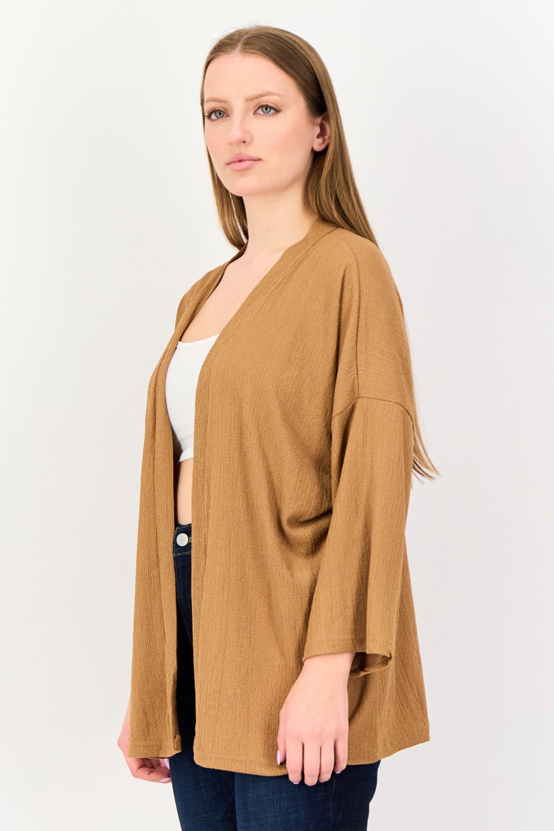 BIG DART Women Split Neck Textured Cardigan, Brown - Image 4