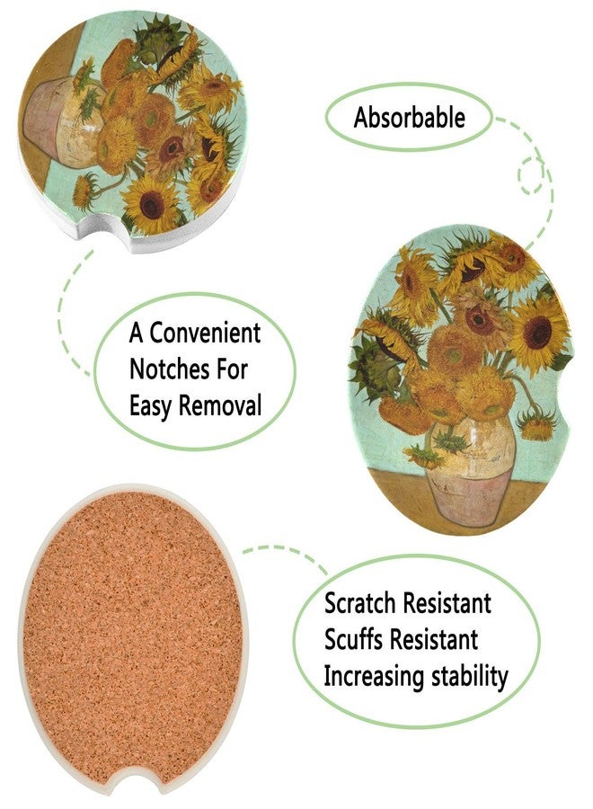 Xigua 2 Pack 2.5 inch Car Coasters for Drinks Absorbent, Van Gogh Sunflower Art Ceramic+Cork Car Cup Holder Coasters with Fingertip Grip - Image 2