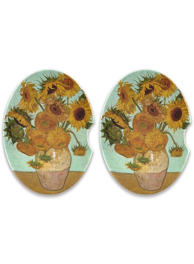 Xigua 2 Pack 2.5 inch Car Coasters for Drinks Absorbent, Van Gogh Sunflower Art Ceramic+Cork Car Cup Holder Coasters with Fingertip Grip - Image 1