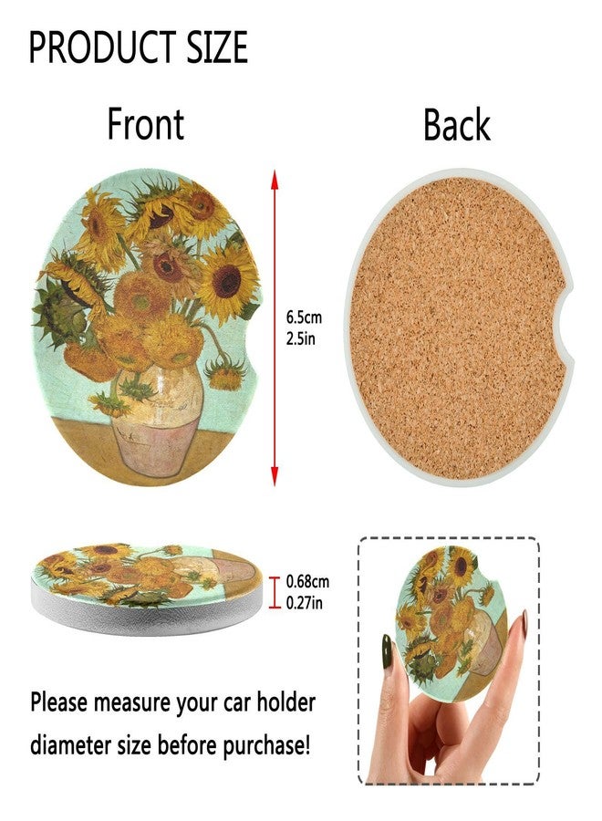 Xigua 2 Pack 2.5 inch Car Coasters for Drinks Absorbent, Van Gogh Sunflower Art Ceramic+Cork Car Cup Holder Coasters with Fingertip Grip - Image 3