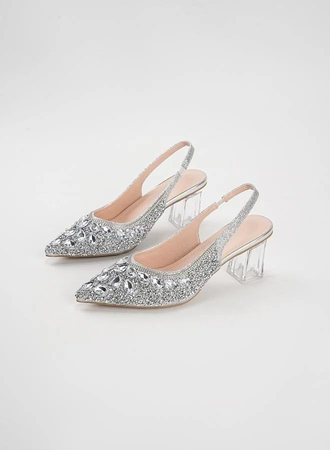 Take Two Silver Rhinestone Pointed Toe Slingback High Heel Sandals