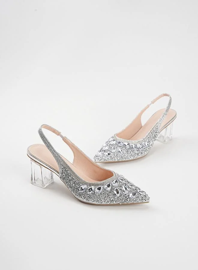 Take Two Silver Rhinestone Pointed Toe Slingback High Heel Sandals