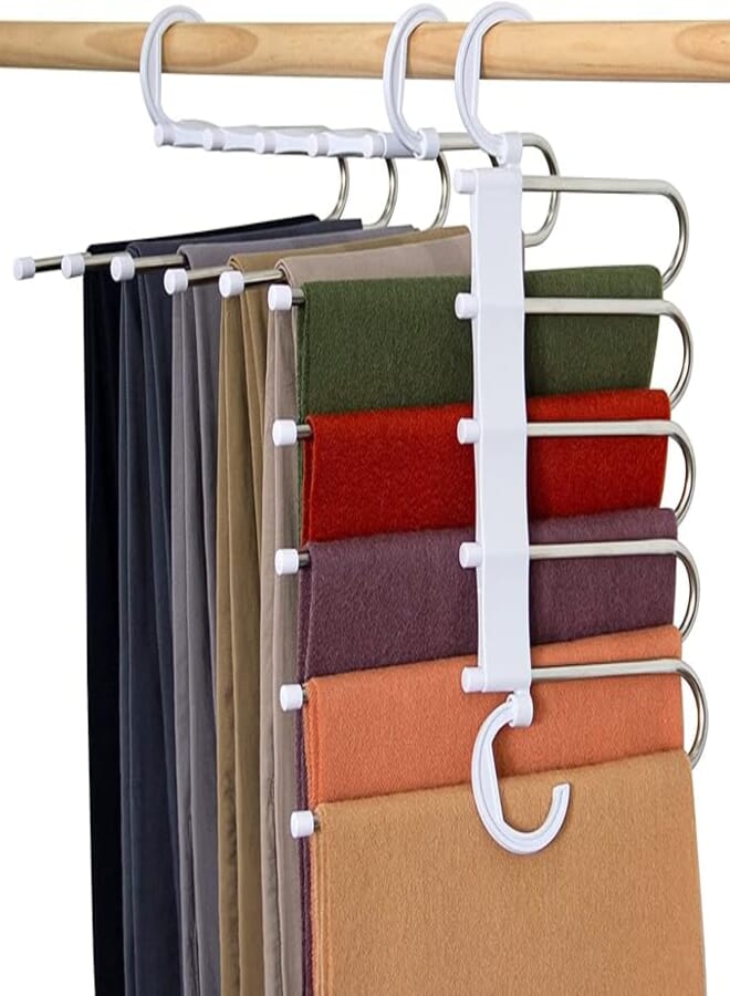 Andiker 2 Pack Pants Hangers, Multifunctional Stainless Steel Pants Rack, Folding Anti-Slip Space Saving Closet Storage Organizer Hangers for Clothes Scarf Jeans Trousers (Black)