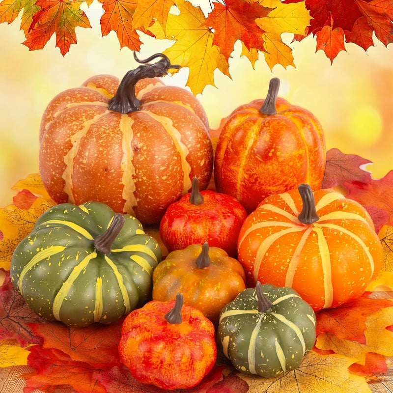 FUTUREPLUSX 38 PCS Assorted Artificial Pumpkin Set 8PCS Stacking Pumpkins with 30PCS Maple Leaves for Fall Harvest Home Thanksgiving Halloween Decor