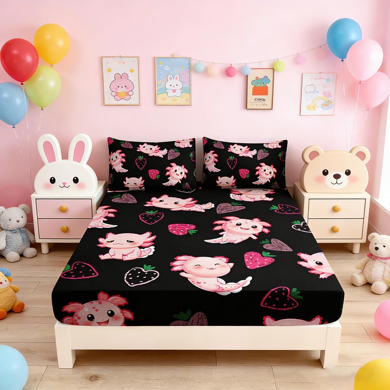 UEVBF Cute Axolotl Bed Set Twin Size,Pink Axolotl Strawberry Printed Fitted Sheet Sets Aesthetic Bedding for Kids Girls,Beach Coastal Animal Themed Fitted Sheet Sets,1 Fitted Sheet+2 Pillowcases. - Image 1