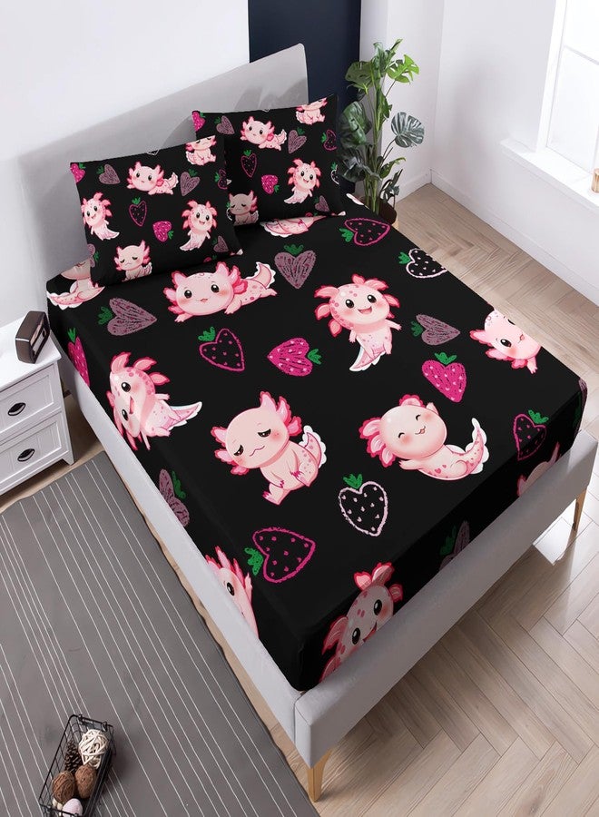 UEVBF Cute Axolotl Bed Set Twin Size,Pink Axolotl Strawberry Printed Fitted Sheet Sets Aesthetic Bedding for Kids Girls,Beach Coastal Animal Themed Fitted Sheet Sets,1 Fitted Sheet+2 Pillowcases. - Image 3