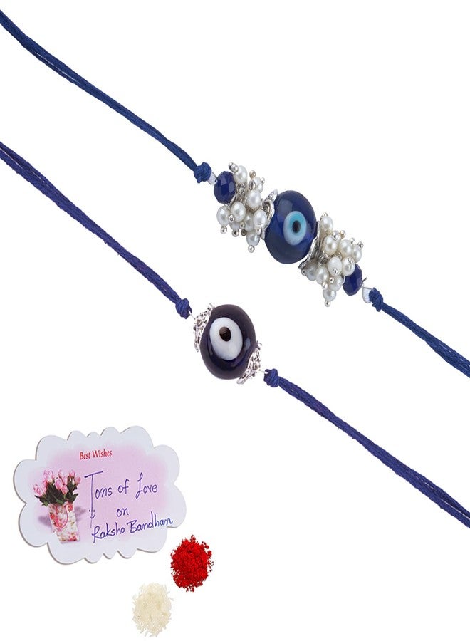 JFL Mens - Jewelleryforless Handmade Combo Blue Evil Eye Silver Plated For Brother Bhaiya With Roli Chawal And Hand Written Greeting Note - Image 1