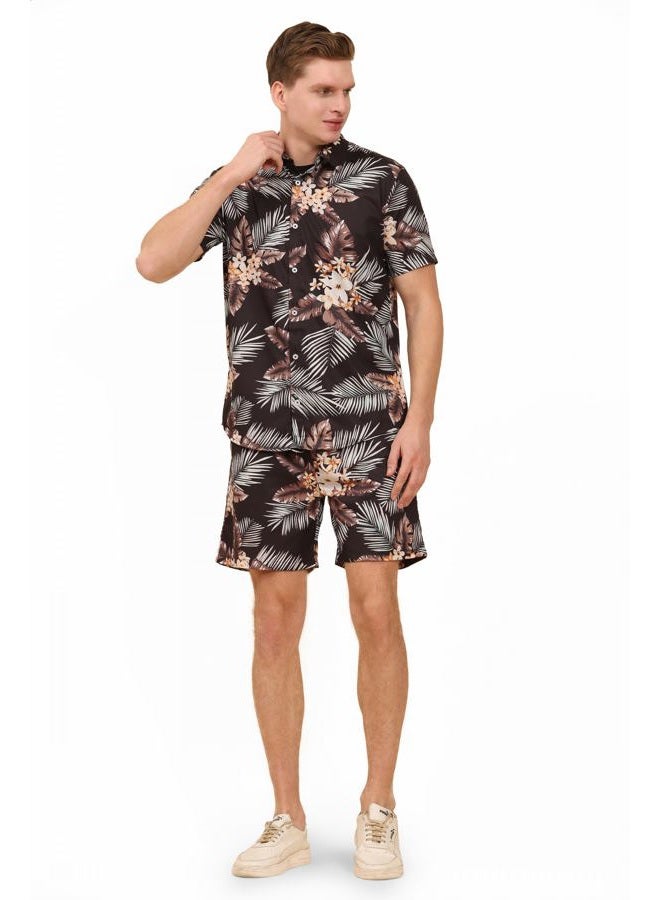 ENCIGER Men's Tropical Co-Ord Set Floral Shirt and Matching Shorts Vacation Outfit for Beach & Casual Wear (MSS1_Black_XXL) - Image 1