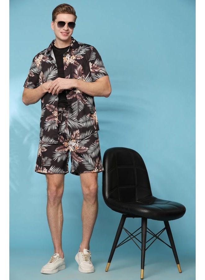 ENCIGER Men's Tropical Co-Ord Set Floral Shirt and Matching Shorts Vacation Outfit for Beach & Casual Wear (MSS1_Black_XXL) - Image 3