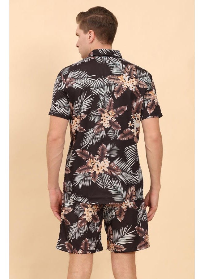 ENCIGER Men's Tropical Co-Ord Set Floral Shirt and Matching Shorts Vacation Outfit for Beach & Casual Wear (MSS1_Black_XXL) - Image 2