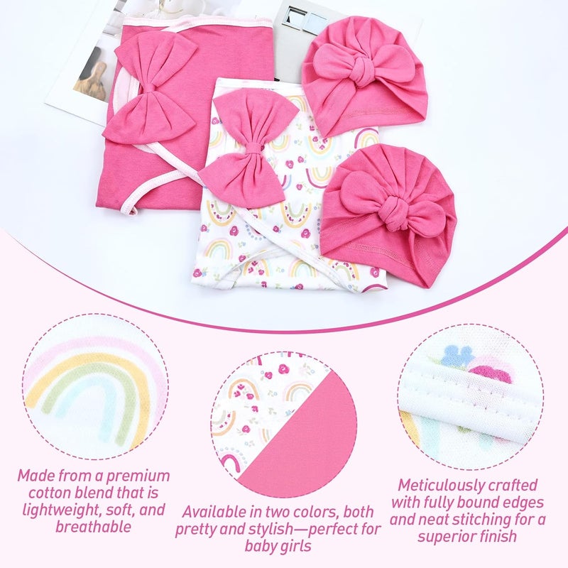 Cinaci 2 Pack Adjustable Soft Cotton Blend Newborn Baby Receiving Swaddle Blankets Sleep Sacks with Big Bow Hats Caps Beanies Bonnets for Baby Girls Newborns Infants (White Hot Pink+Hot Pink) - Image 3